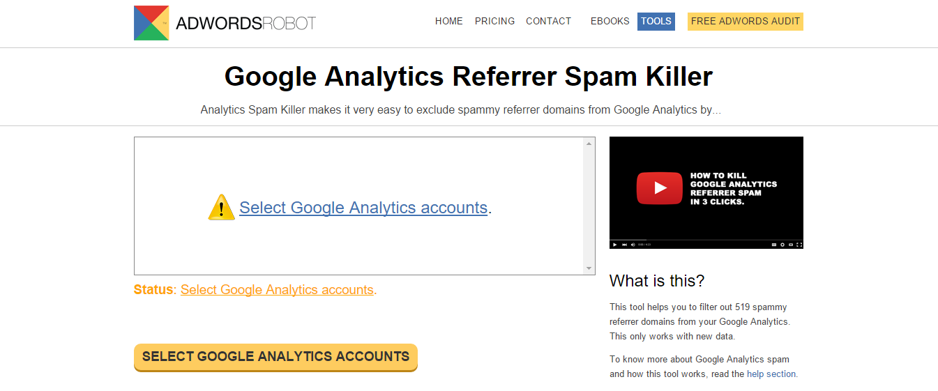 Home page del tool Google Analytics Referral Spam Killer