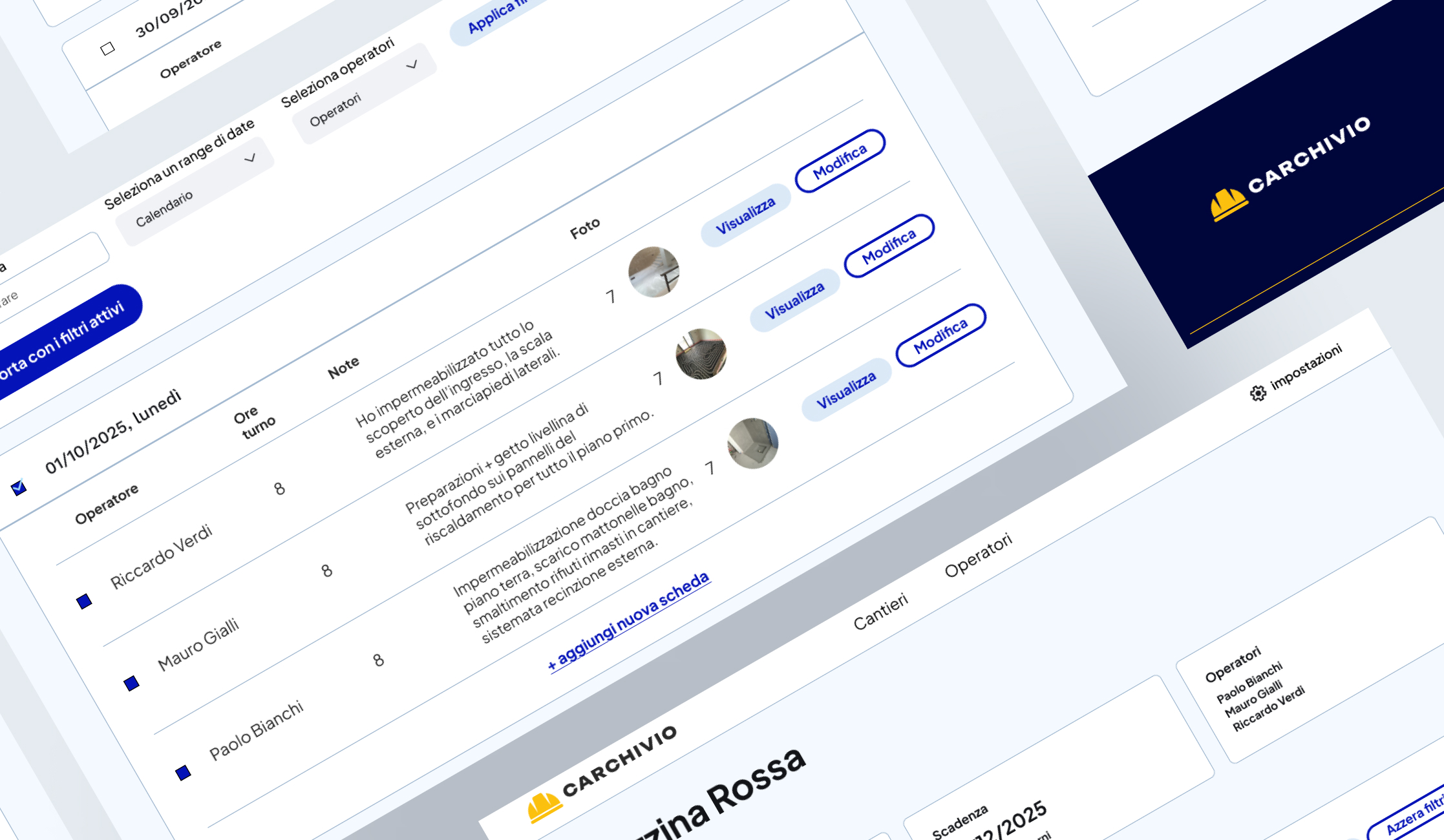 Schermate del backend di Carchivio