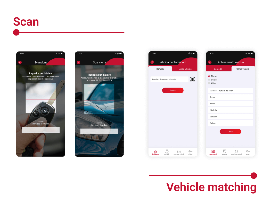Schermate dell'app mobile LogiSmart relative alla scansione dei qr code e all'abbinamento dei veicoli