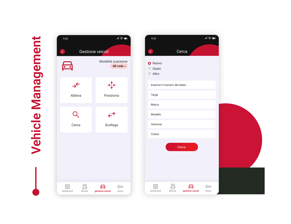 Schermate dell'app mobile LogiSmart relative alla gestione dei veicoli