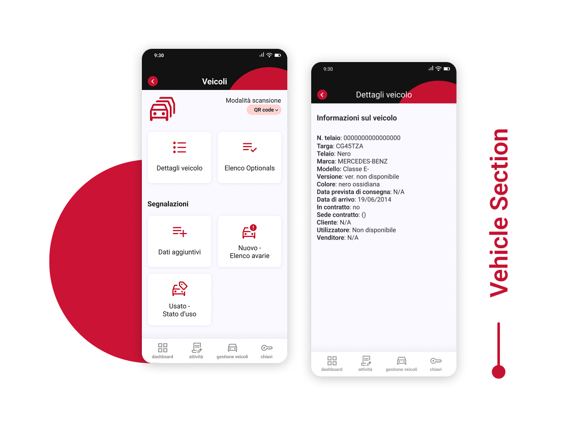 Schermate dell'app mobile LogiSmart relative alla sezione dei veicoli