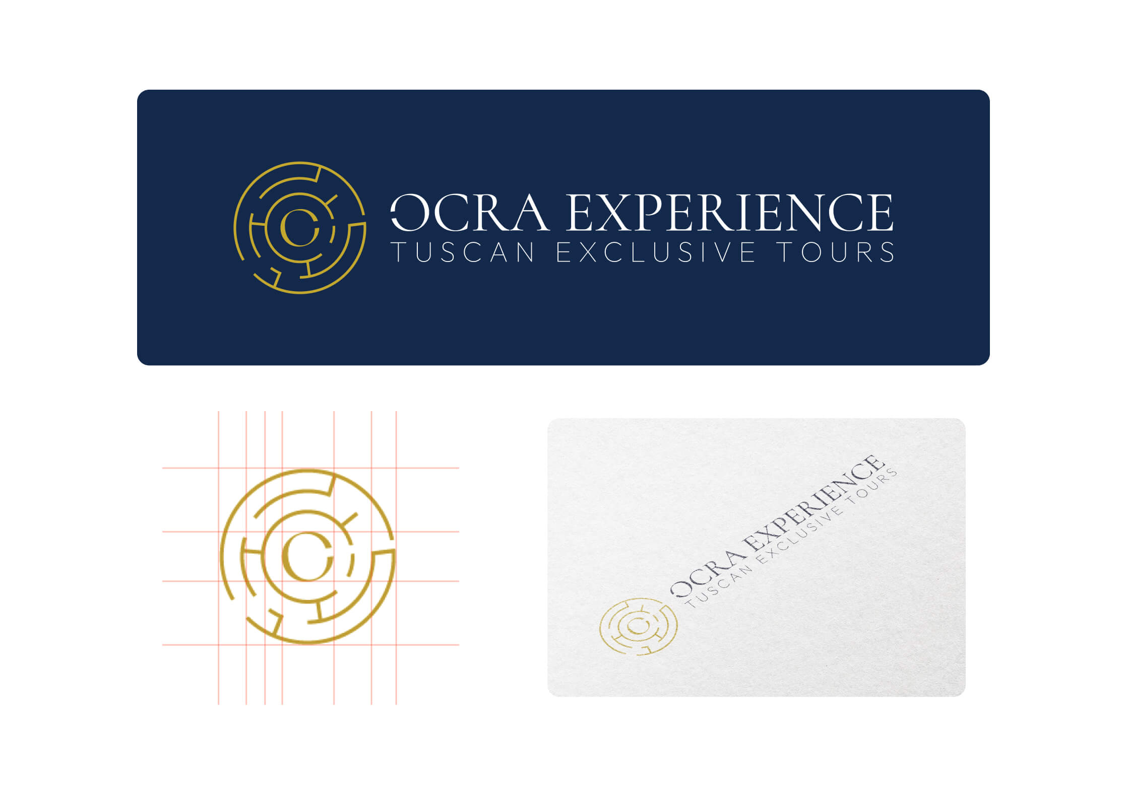 Identità visiva del brand “Ocra Experience – Tuscan Exclusive Tours” con logo dorato a forma di labirinto e lettera C al centro su sfondo blu scuro. Sono mostrati anche la griglia del simbolo e un esempio di biglietto da visita con lo stesso logo.