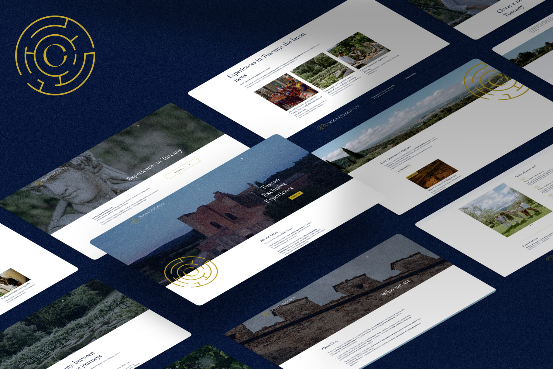 Panoramica di schermate del sito web “Ocra Experience – Tuscan Exclusive Tours” disposte su sfondo blu scuro, con immagini di paesaggi, arte e borghi toscani e l’uso ricorrente del logo dorato circolare.