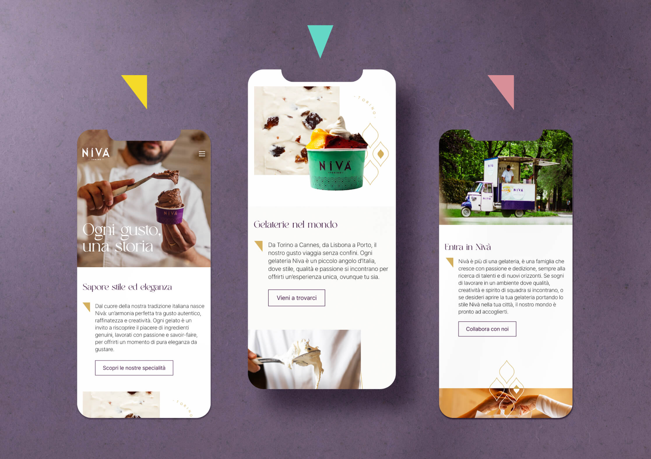 Tre schermate mobile del sito Niv&agrave;: presentazione del gelato artigianale, mappa delle gelaterie nel mondo e invito a collaborare, con foto di gelati e food truck.