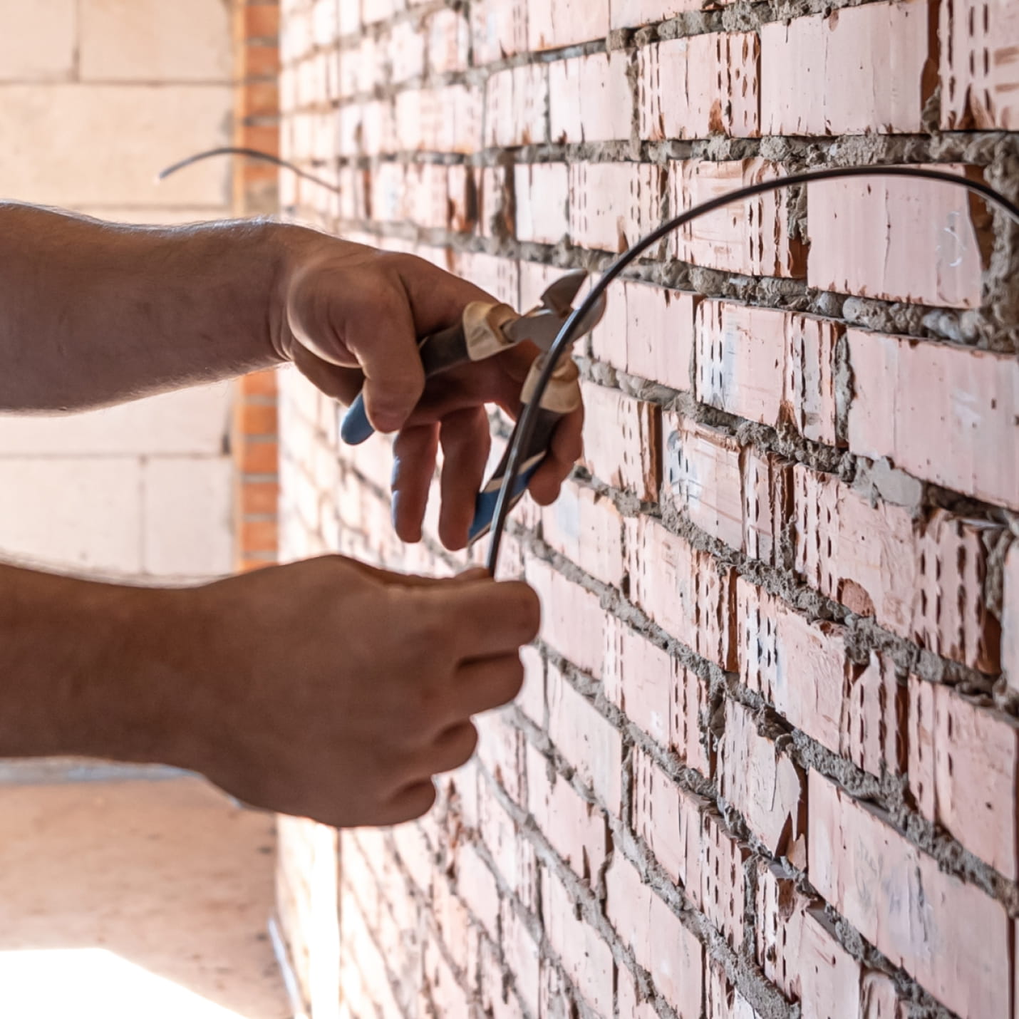 Hands of a bricklayer cutting a wire protruding from a wall undergoing renovation.