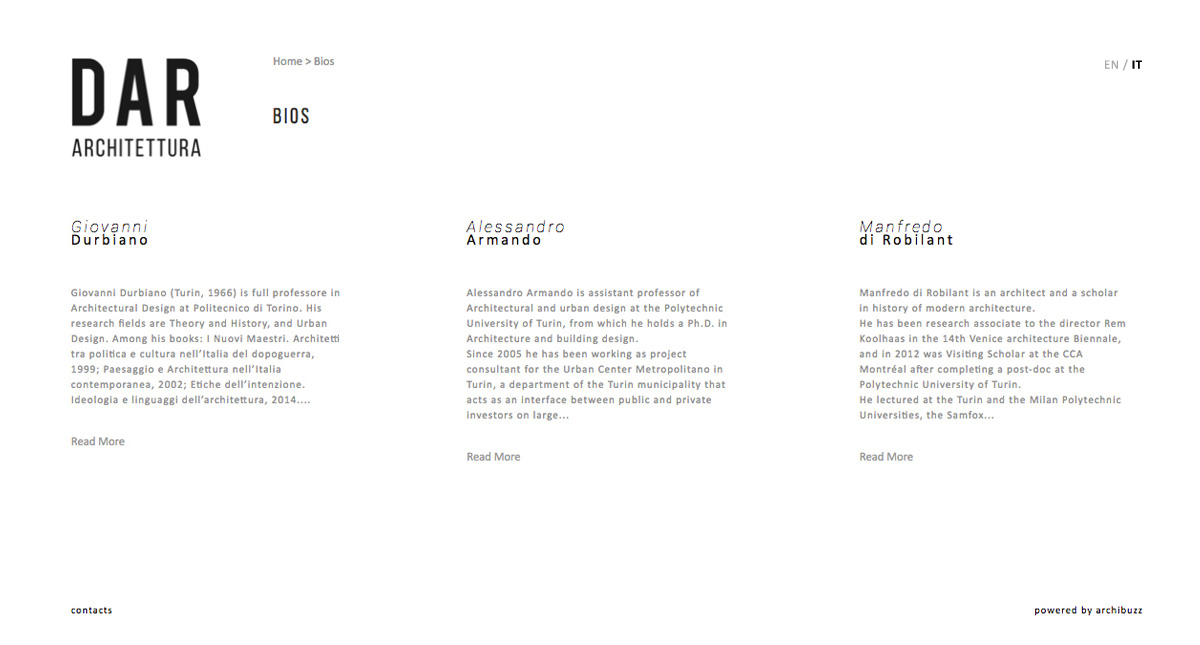 Screenshot of the bios page of the DAR Architettura website