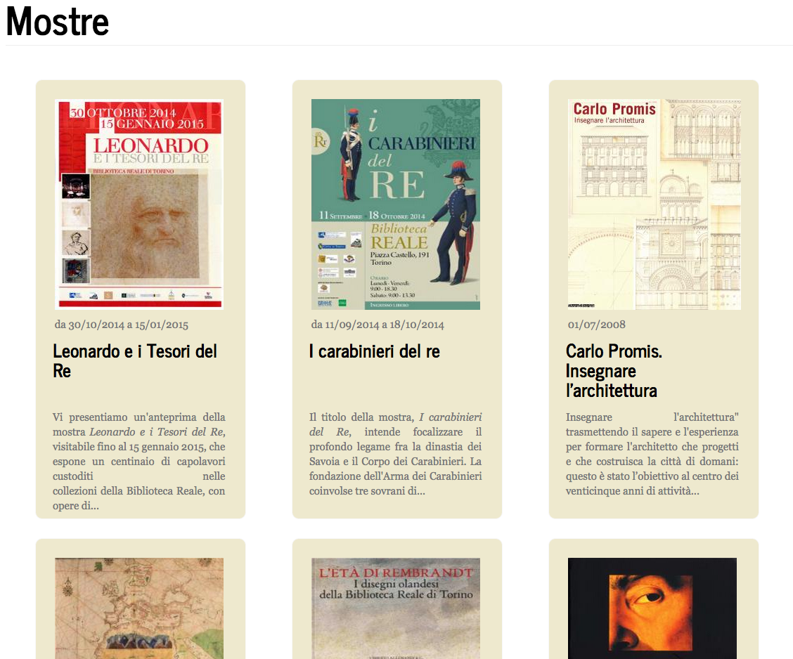 La pagina delle mostre della Bibiioteca Reale La pagina delle mostre della Bibiioteca Reale