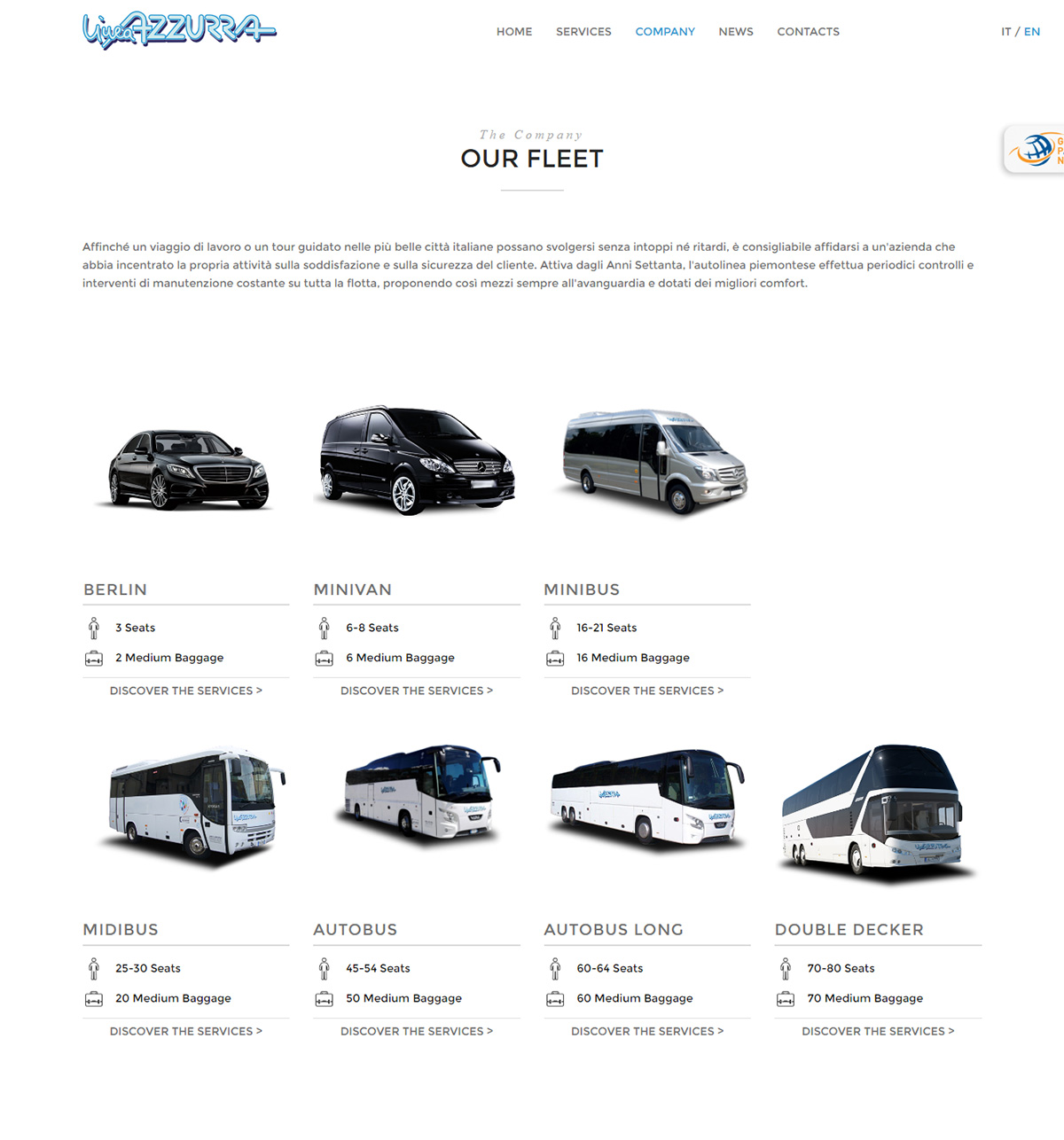 La flotta Linea Azzurra Bus Linea Azzurra Bus screenshot della pagina della flotta