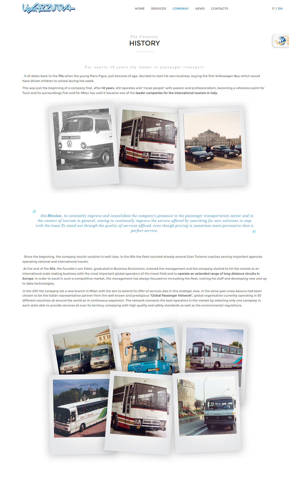 Linea Azzurra Bus screenshot della pagina della storia dell'azienda