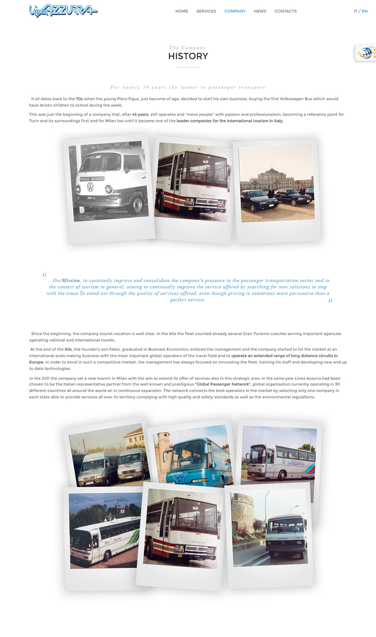La pagina della storia dell'azienda Linea Azzurra Bus Linea Azzurra Bus screenshot della pagina della storia dell'azienda
