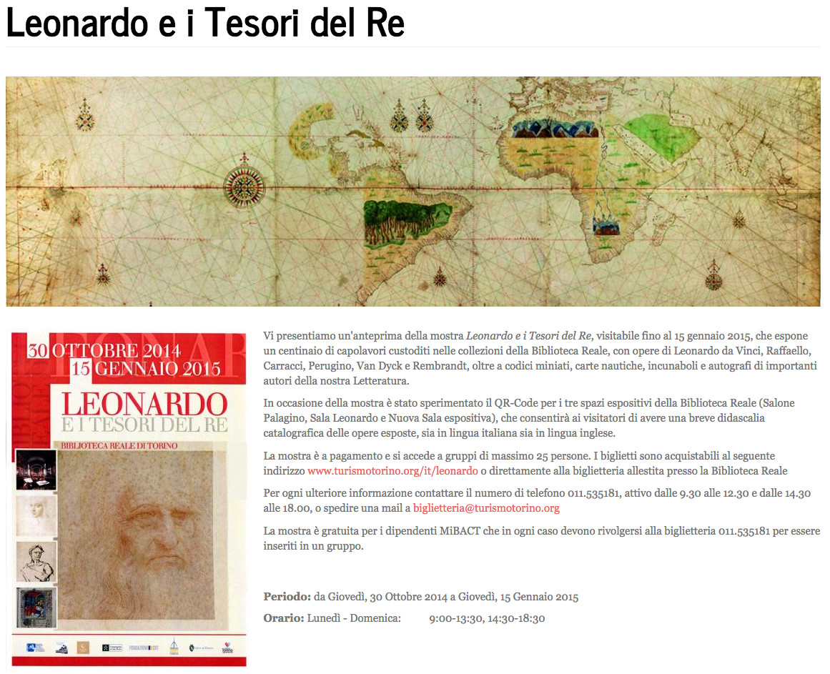La pagina della mostra Leonardo e i Tesori del Re