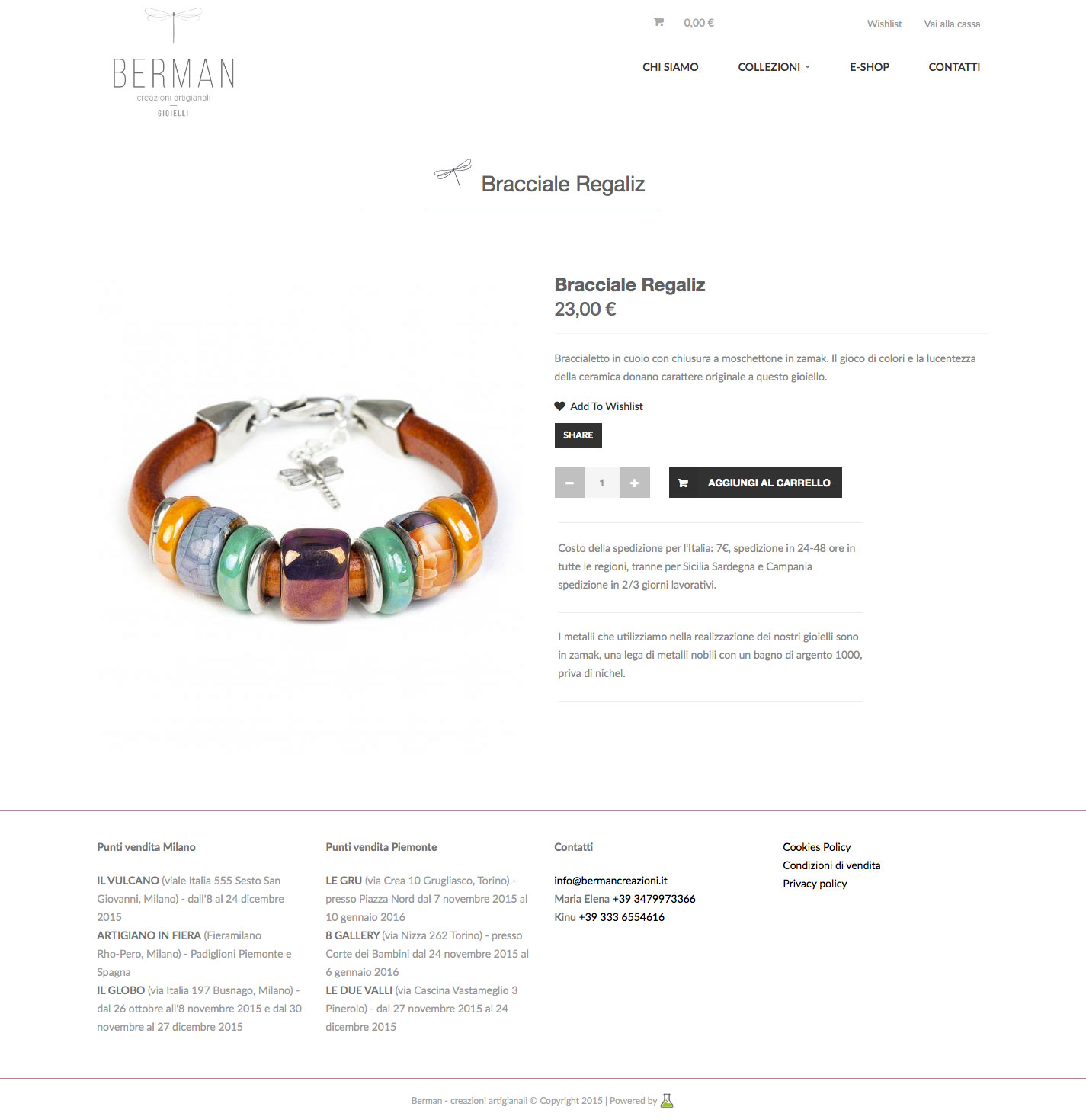 Pagina di un prodotto eCommerce per berman creazioni artigianali gioielli archibuzz