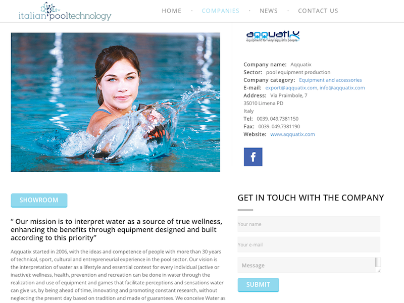 Pagina di un'azienda con form di contatto diretto Italian pool technology, pagina di un'azienda