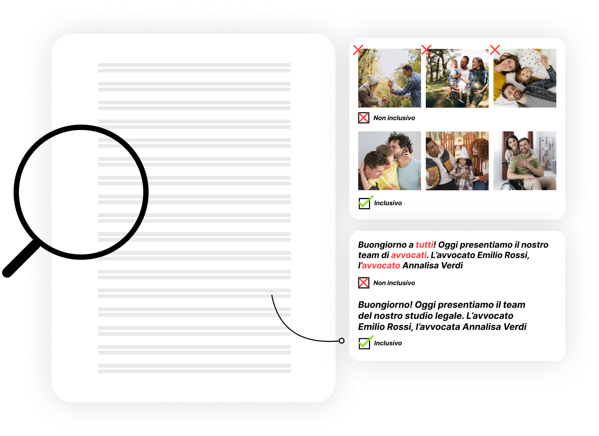 Sheet with magnifying glass and examples of inclusive and non-inclusive images Sheet with magnifying glass and examples of inclusive and non-inclusive images
