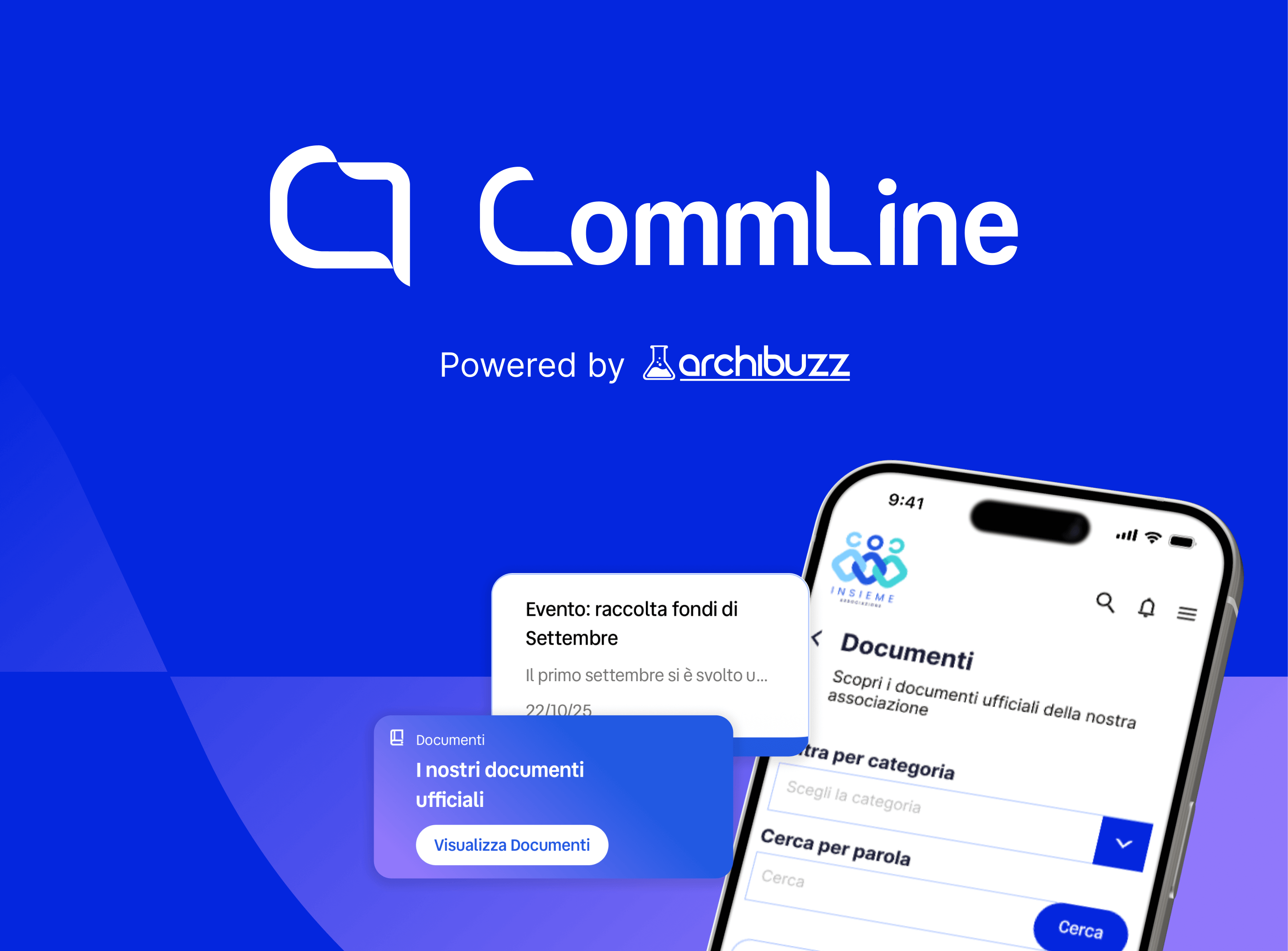 Logo CommLine su sfondo blu con la scritta &lsquo;Powered by Archibuzz&rsquo; e anteprima dell&rsquo;app mobile che mostra la sezione Documenti.