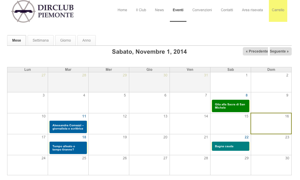 Il calendario degli eventi del club, di colore diverso a seconda della tipologia di evento (sportivo, gita, sociale, etc.)