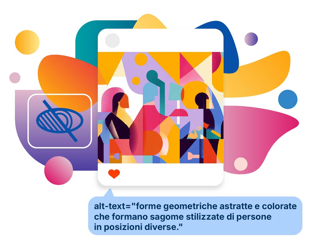 Abstract Instagram post with geometric human figures, with a speech bubble containing the alt text: 'Abstract and colorful geometric shapes forming stylized silhouettes of people in different positions. Abstract Instagram post with geometric human figures, with a speech bubble containing the alt text: 'Abstract and colorful geometric shapes forming stylized silhouettes of people in different positions.