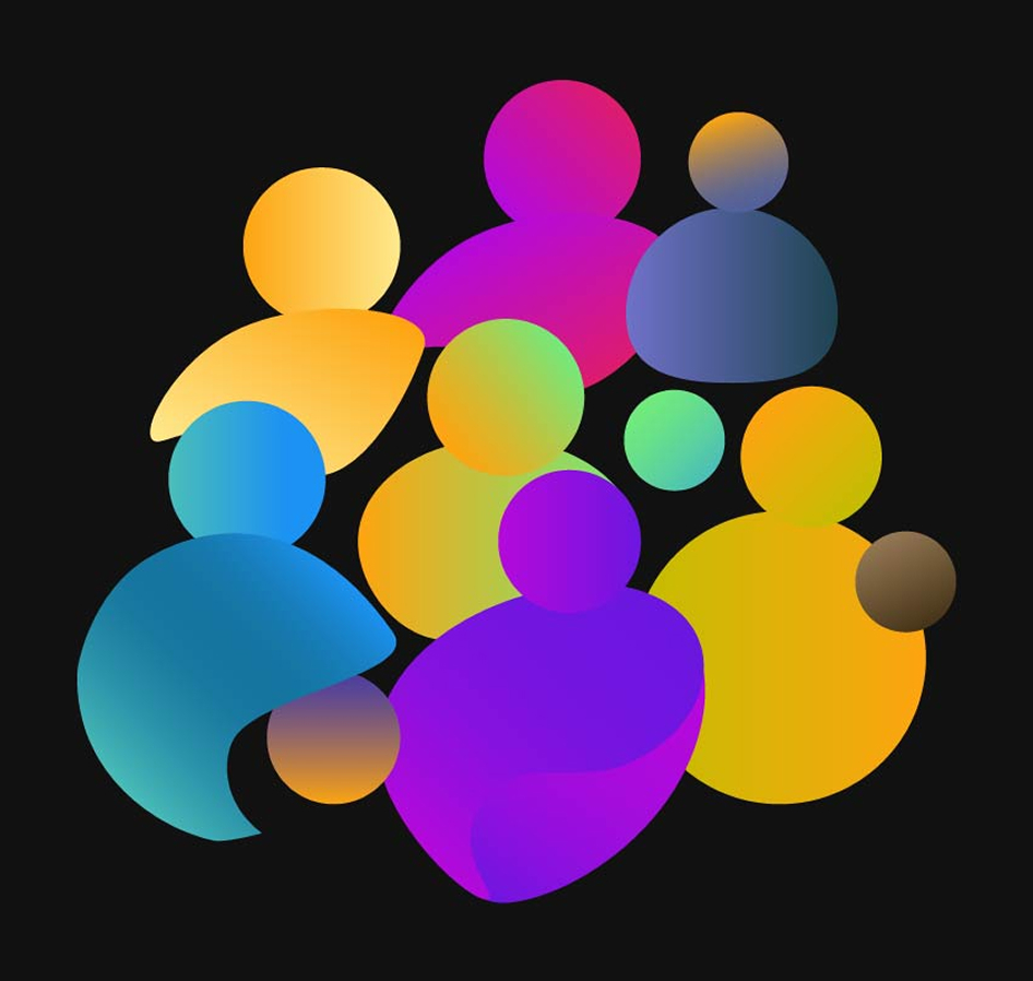 Larger and smaller circles forming colorful abstract human figures
