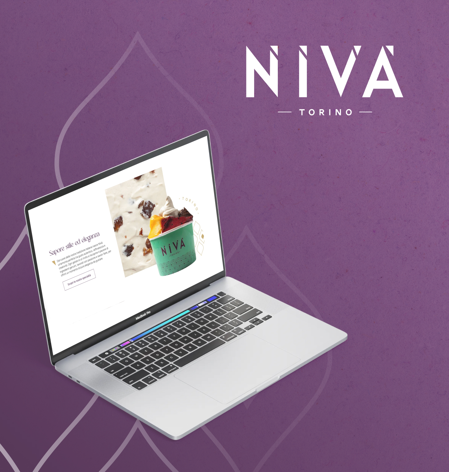 Laptop aperto che mostra il sito Niv&agrave; con un gelato artigianale in evidenza; sullo sfondo viola compare il logo &ldquo;Niv&agrave; Torino&rdquo;.