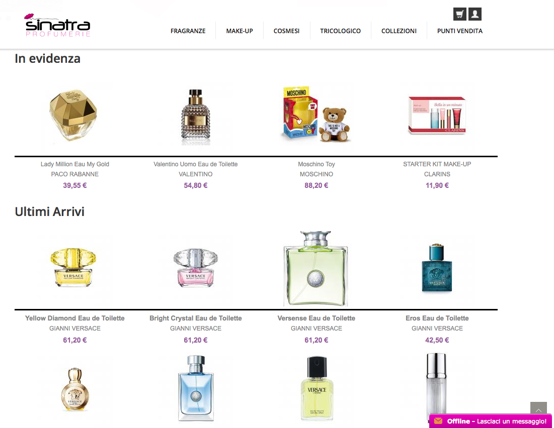 Vista di prodotti nella home page del sito