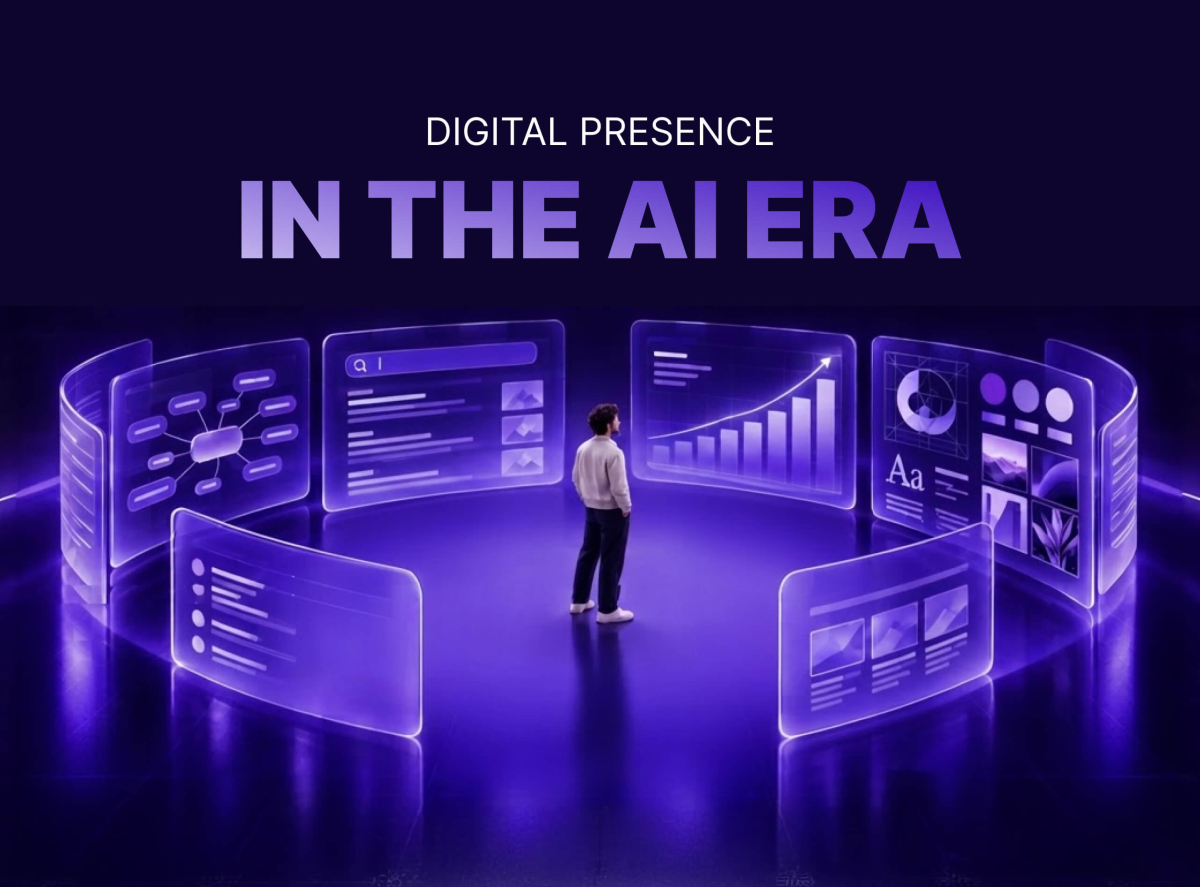 Persona circondata da schermi digitali con ricerche, grafici e contenuti, sotto il titolo &laquo;Presenza digitale nell&rsquo;era dell&rsquo;AI&raquo;.