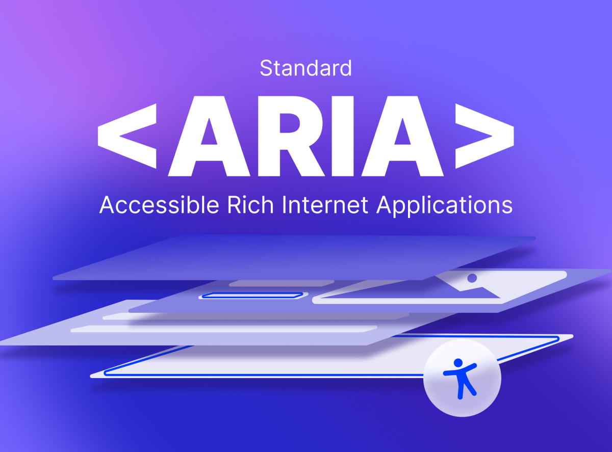 Illustrazione con la scritta ‘Standard ARIA – Accessible Rich Internet Applications’ su sfondo sfumato viola, con livelli grafici sovrapposti e un’icona di accessibilità stilizzata in basso.