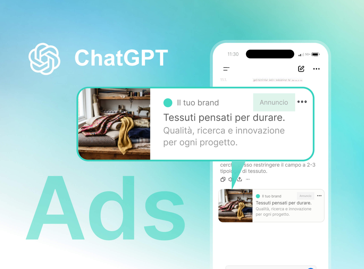 Esempio di annuncio ChatGPT Ads per un brand tessile, visualizzato sotto una risposta all&rsquo;interno dell&rsquo;app ChatGPT.