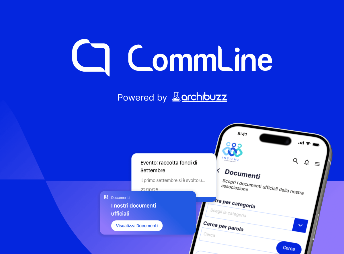 CommLine logo on a blue background with the text &ldquo;Powered by Archibuzz&rdquo; and a preview of the mobile app showing the Documents section.