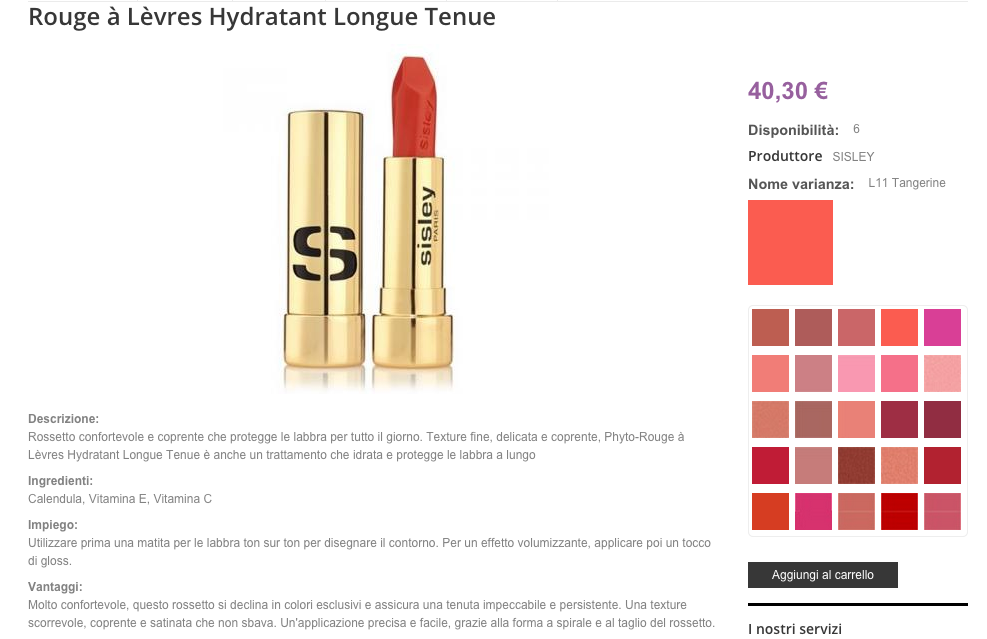 Pagina prodotto di un rossetto con scelta varianze colore Varianze colore rossetti eCommerce